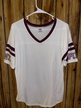 VS PINK OG Varsity V-Neck Jersey Tee White Maroon XS Rare Retro